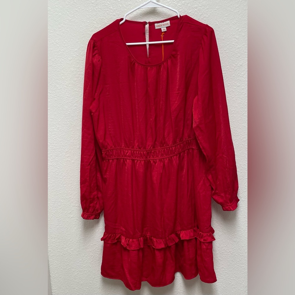 Knox Rose Bold Red Ruffled Women’s Long Sleeve Dress Large Size NWOT